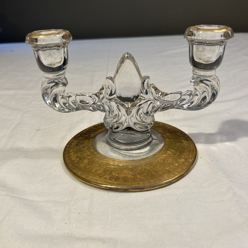 New Martinsville Tear Drop Double Candlestick Holders Gold Etched Wild Rose Pair